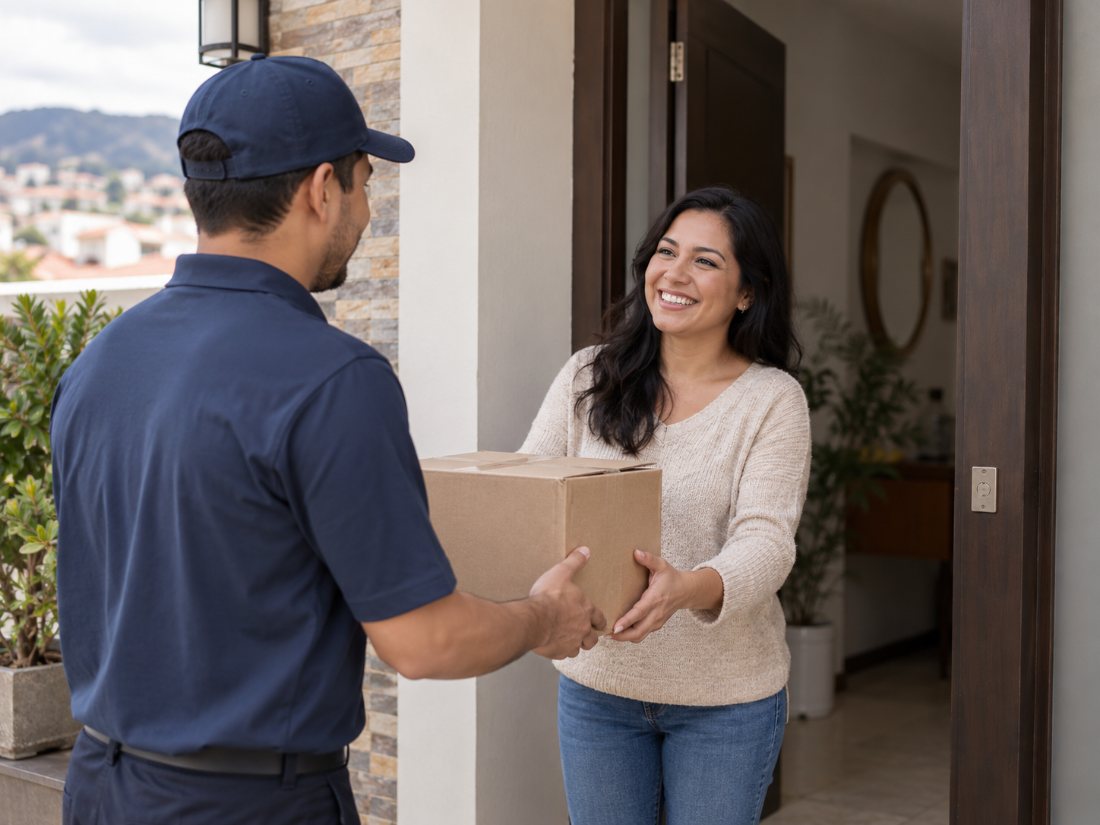 Repartidor entregando el paquete en la puerta de casa