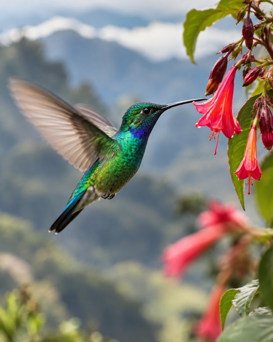 Colibrí ecuatoriano en vuelo junto a una flor
