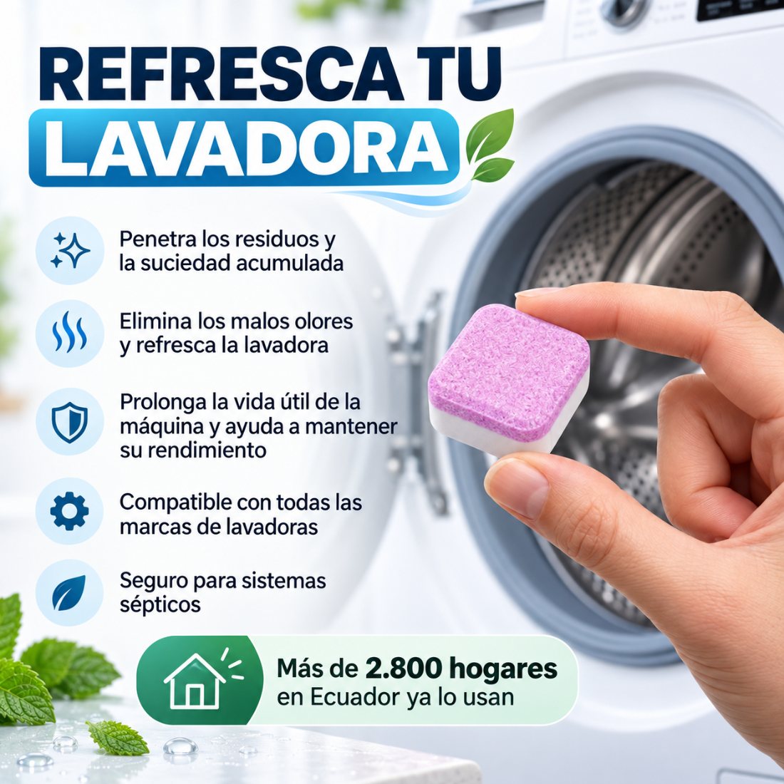 Refresca tu lavadora: penetra residuos, elimina malos olores y prolonga la vida útil. Más de 2.800 hogares en Ecuador ya lo usan