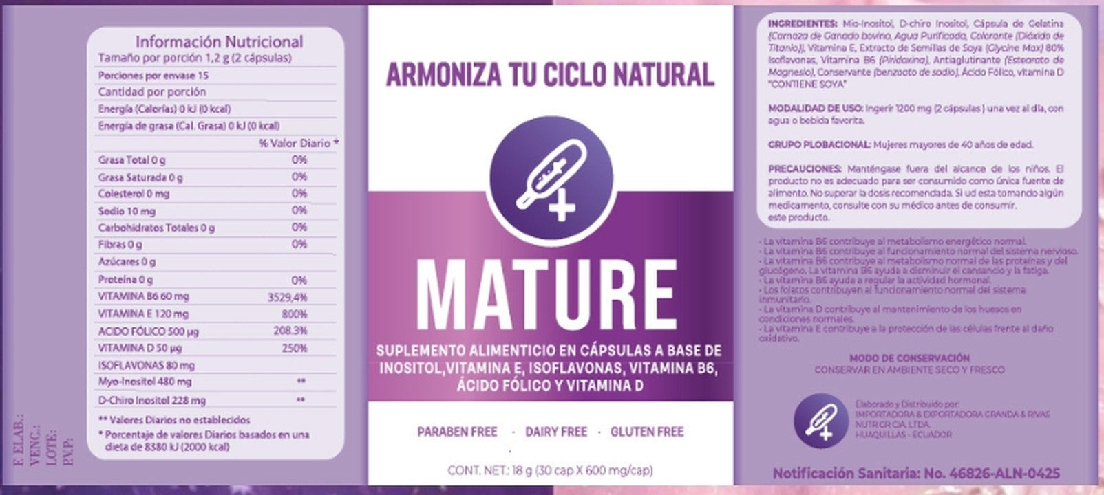 Etiqueta real de MATURE con información nutricional, ingredientes y Notificación Sanitaria ARCSA 46826-ALN-0425