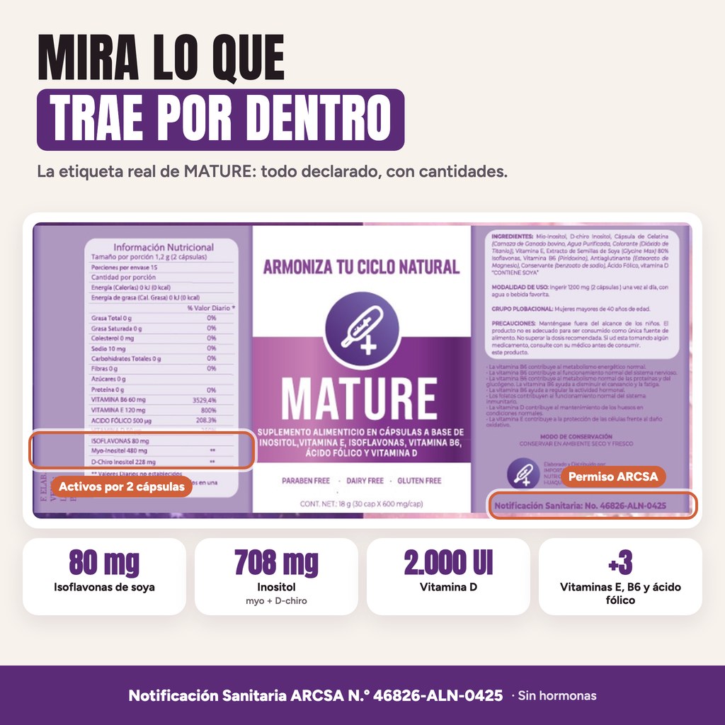 La etiqueta real de MATURE: 80 mg de isoflavonas, 708 mg de inositol y vitaminas, con Notificación Sanitaria ARCSA