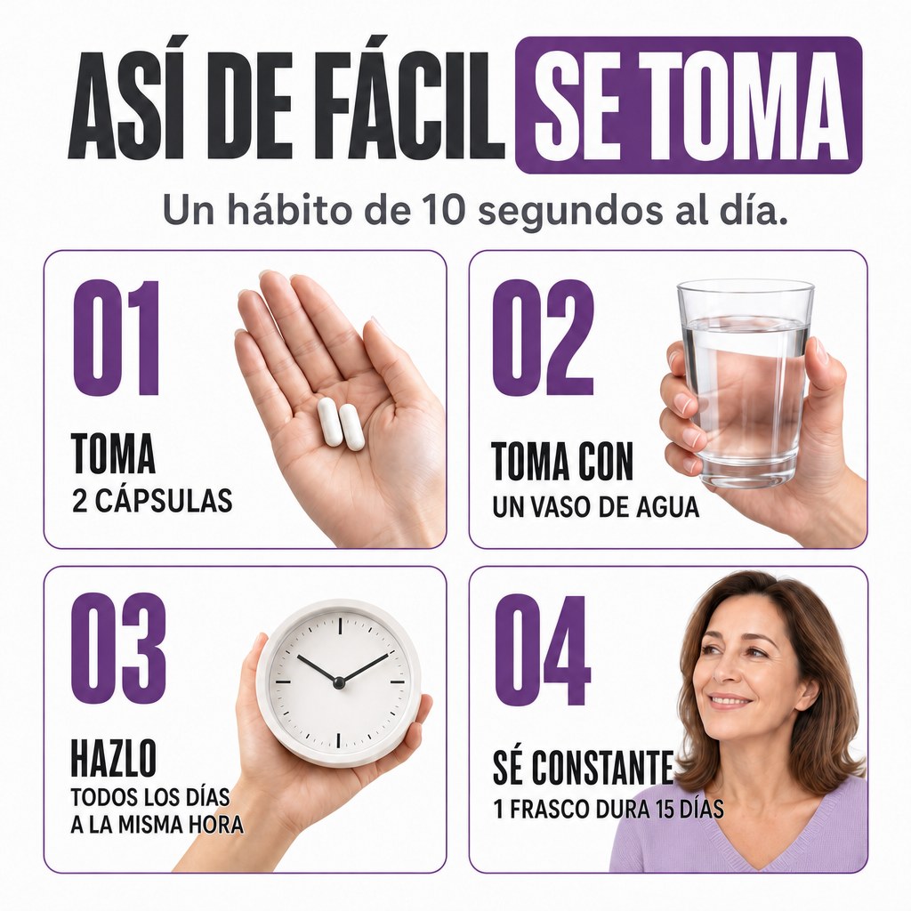 Así se toma: 2 cápsulas al día con agua, cada frasco dura 15 días