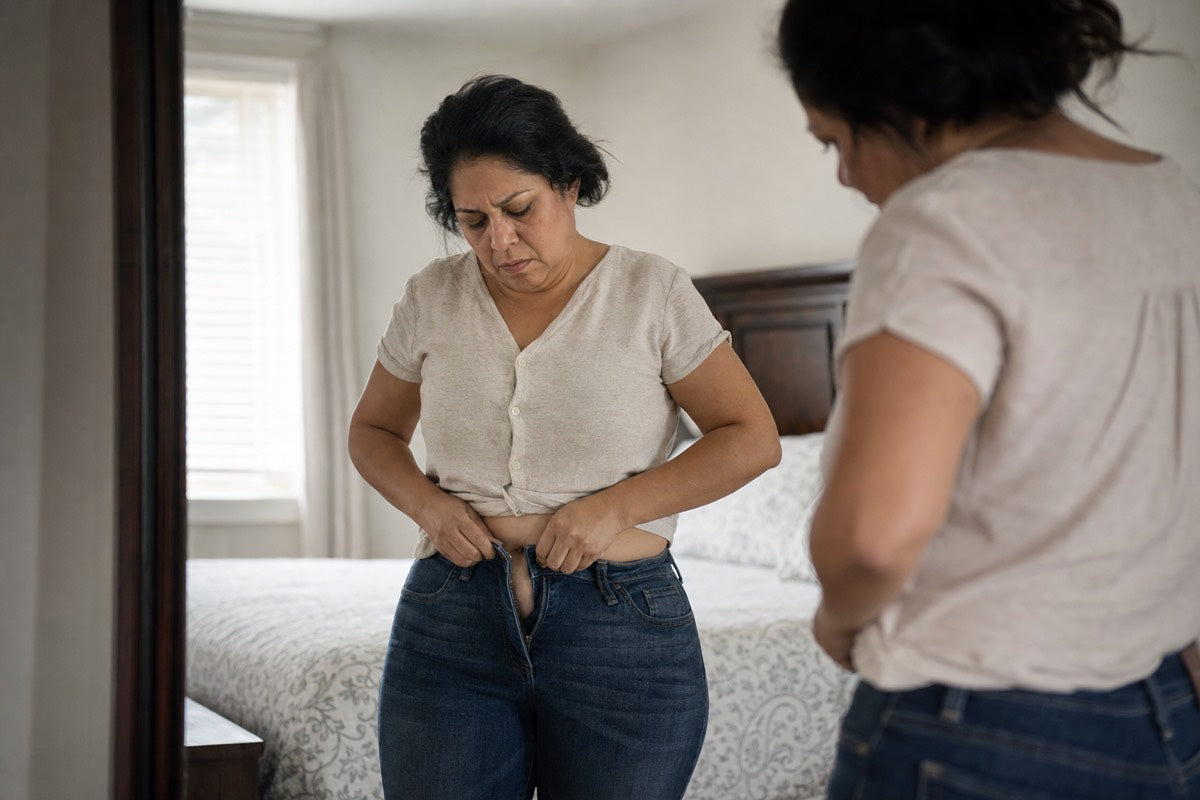 Mujer de 50 años frente al espejo intentando abrochar un pantalón que ya no le cierra
