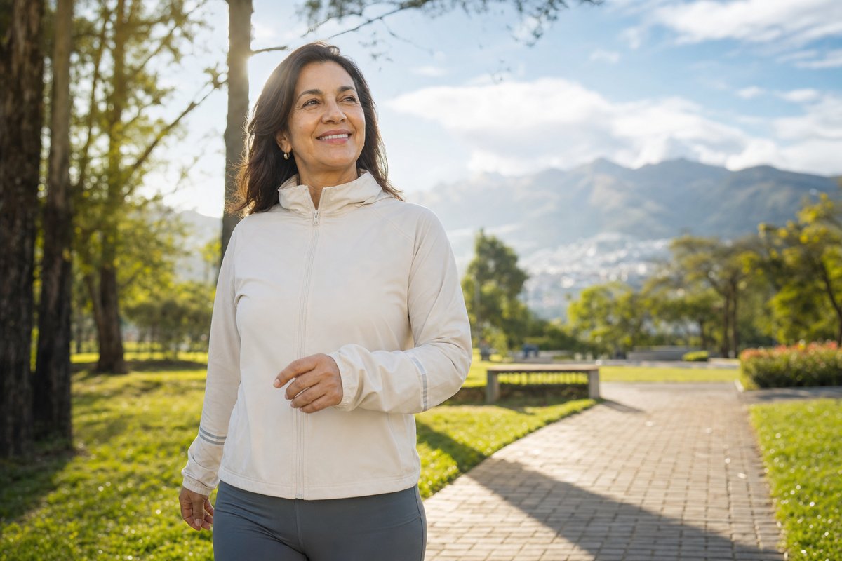 Mujer de 52 años caminando con energía en un parque en la mañana