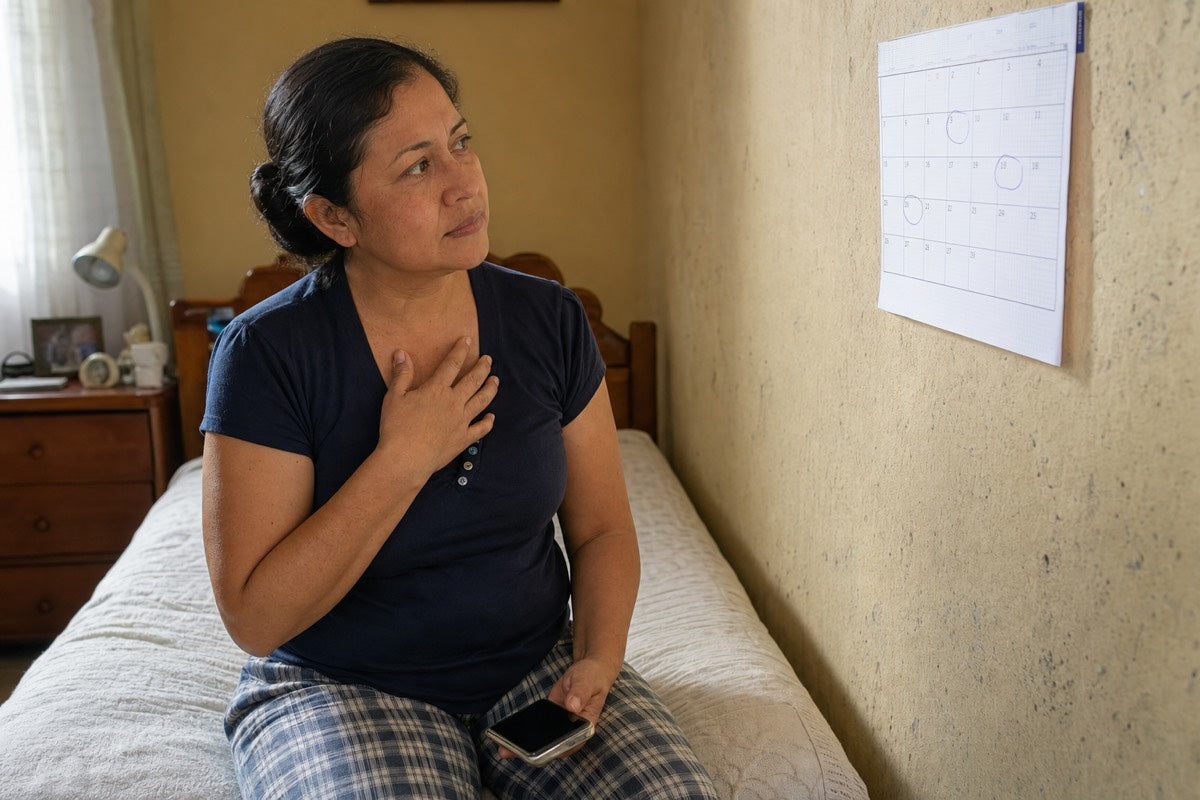 Mujer de 45 años mirando un calendario con reglas irregulares, preguntándose si es la menopausia